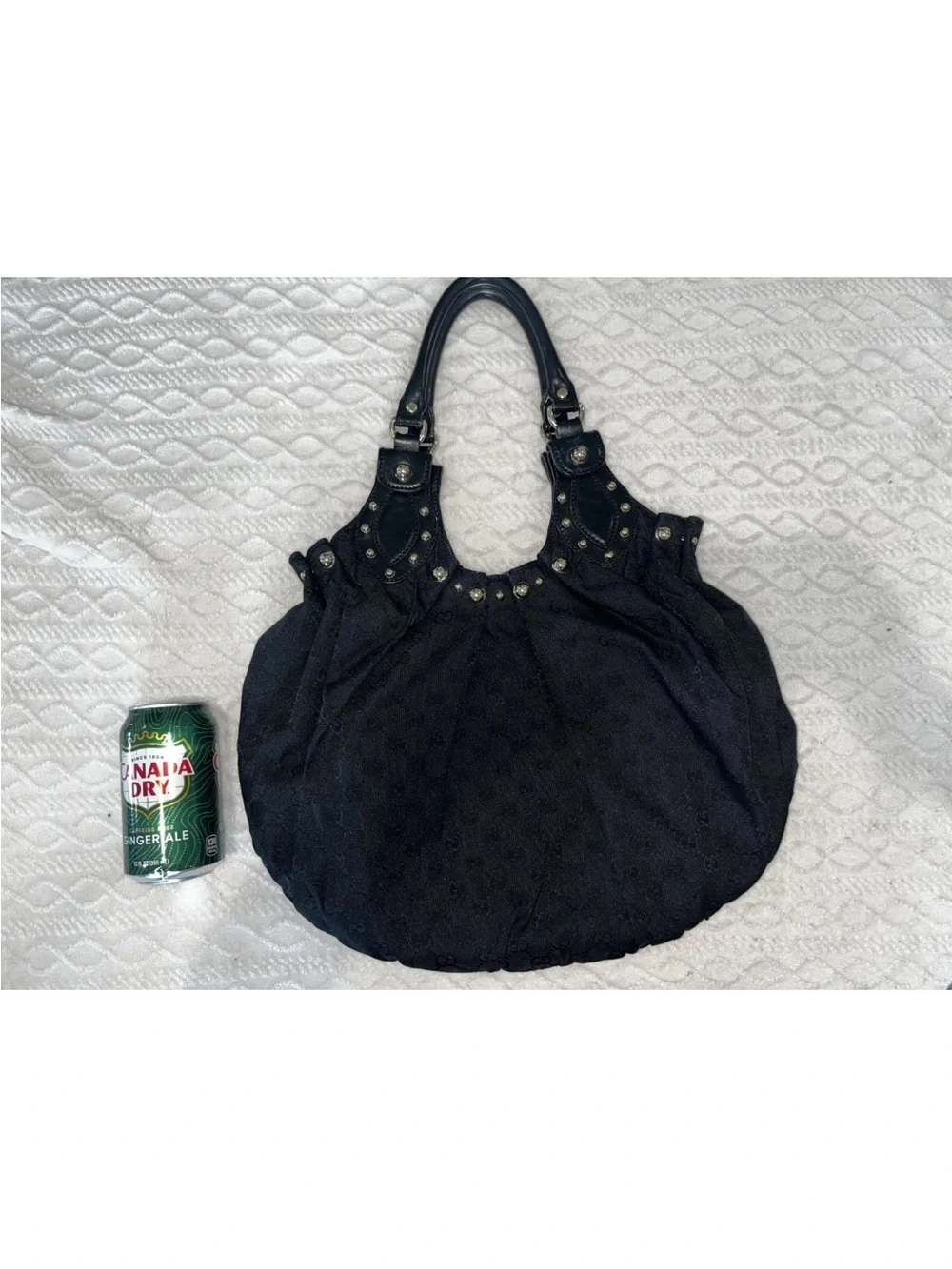 Gucci Pelham Gold Studded Black Canvas Bag w/dust bag, books, envelope